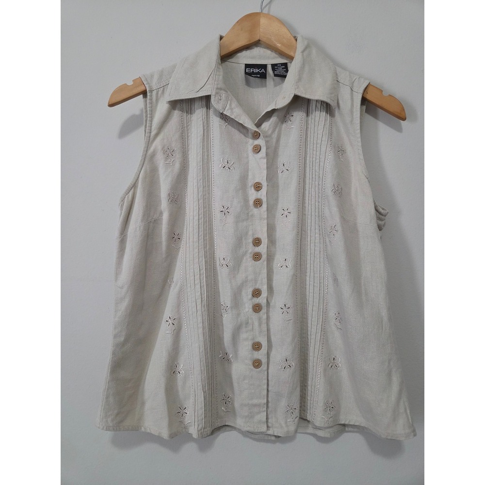 Erika Petite Linen Blend Embroidered Sleeveless Button Down Top Beige PS